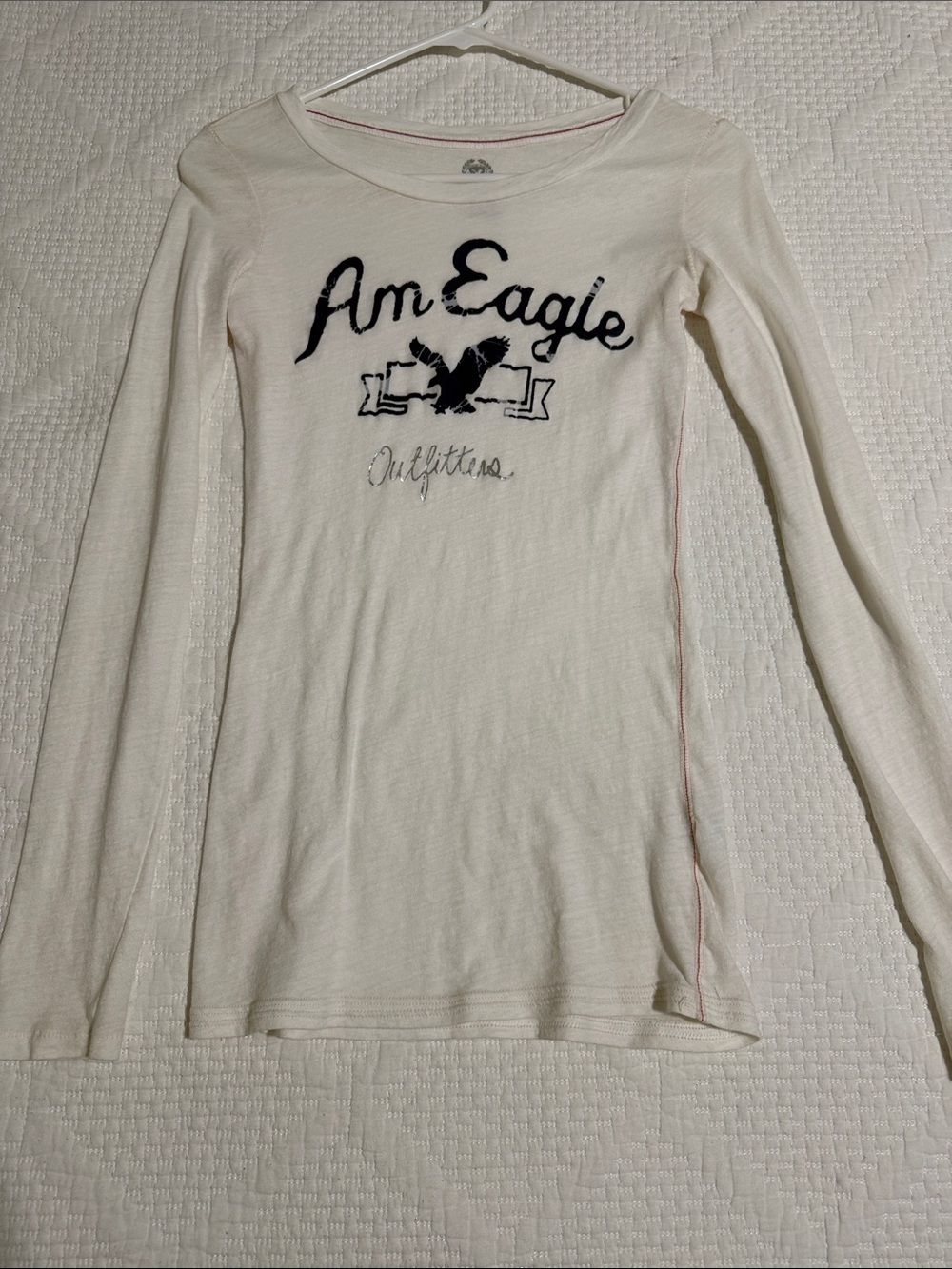 American Eagle Outfitters White Long Sleeve Tee with Navy Logo